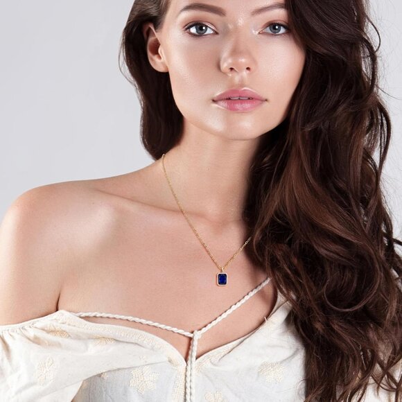 Sapphire Necklaces 14K Gold Dainty Rectangle Necklace Birthstone Navy Blue Penda - Picture 3 of 7